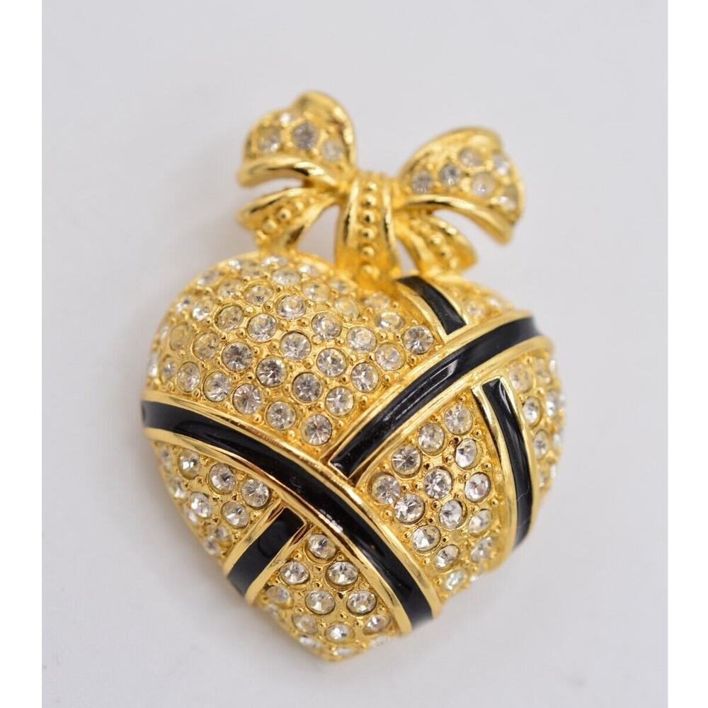 Christian Dior Vintage Crystal Heart Pin Brooch Gold Black Bow Signed 1980s Bin8